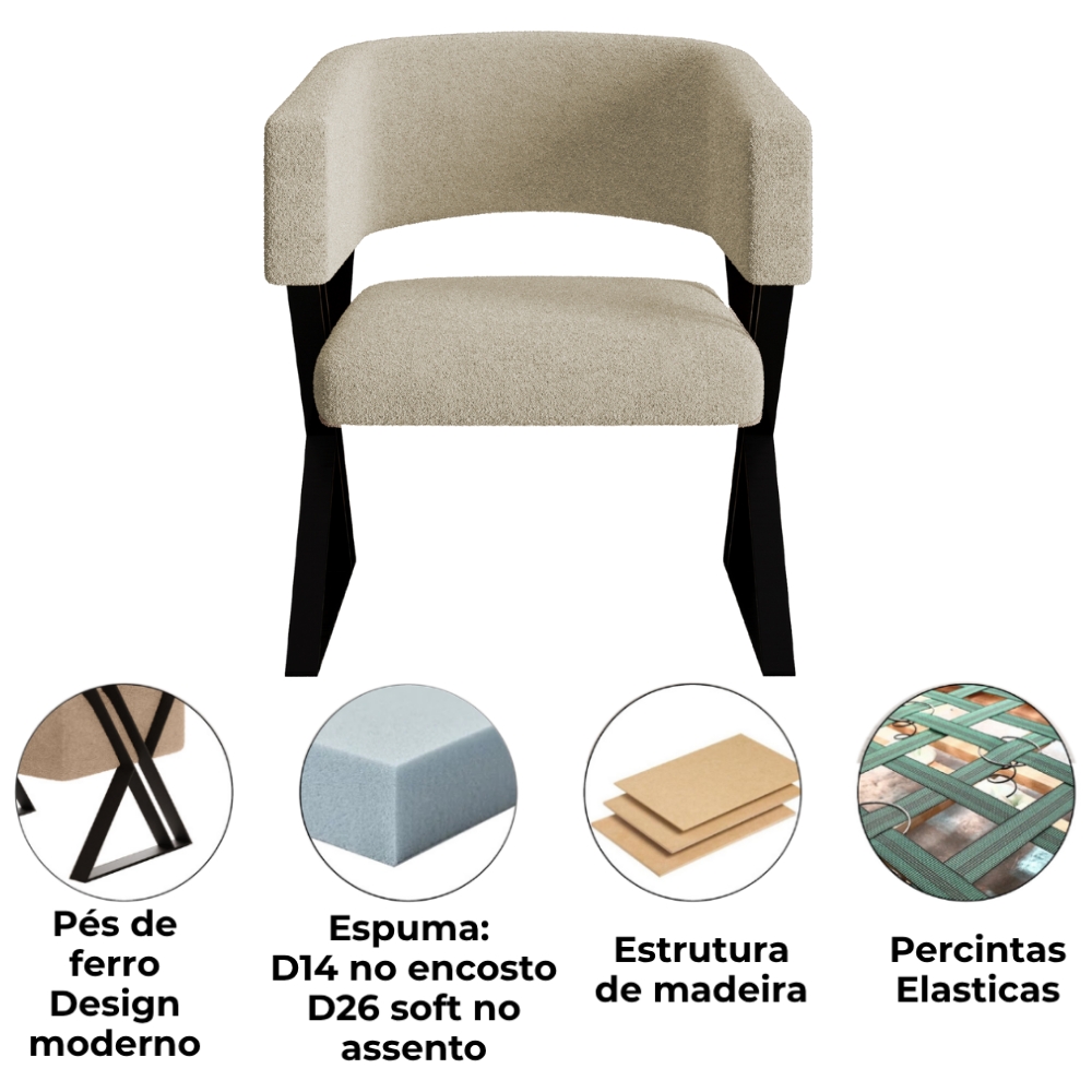 Kit 2 Poltronas Decorativas Mirela Pes Metal Boucle Bege VConcept