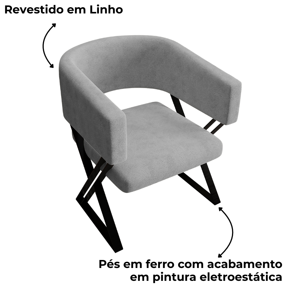 Kit 2 Poltronas Decorativas Mirela Pes Metal Linho Cinza VConcept