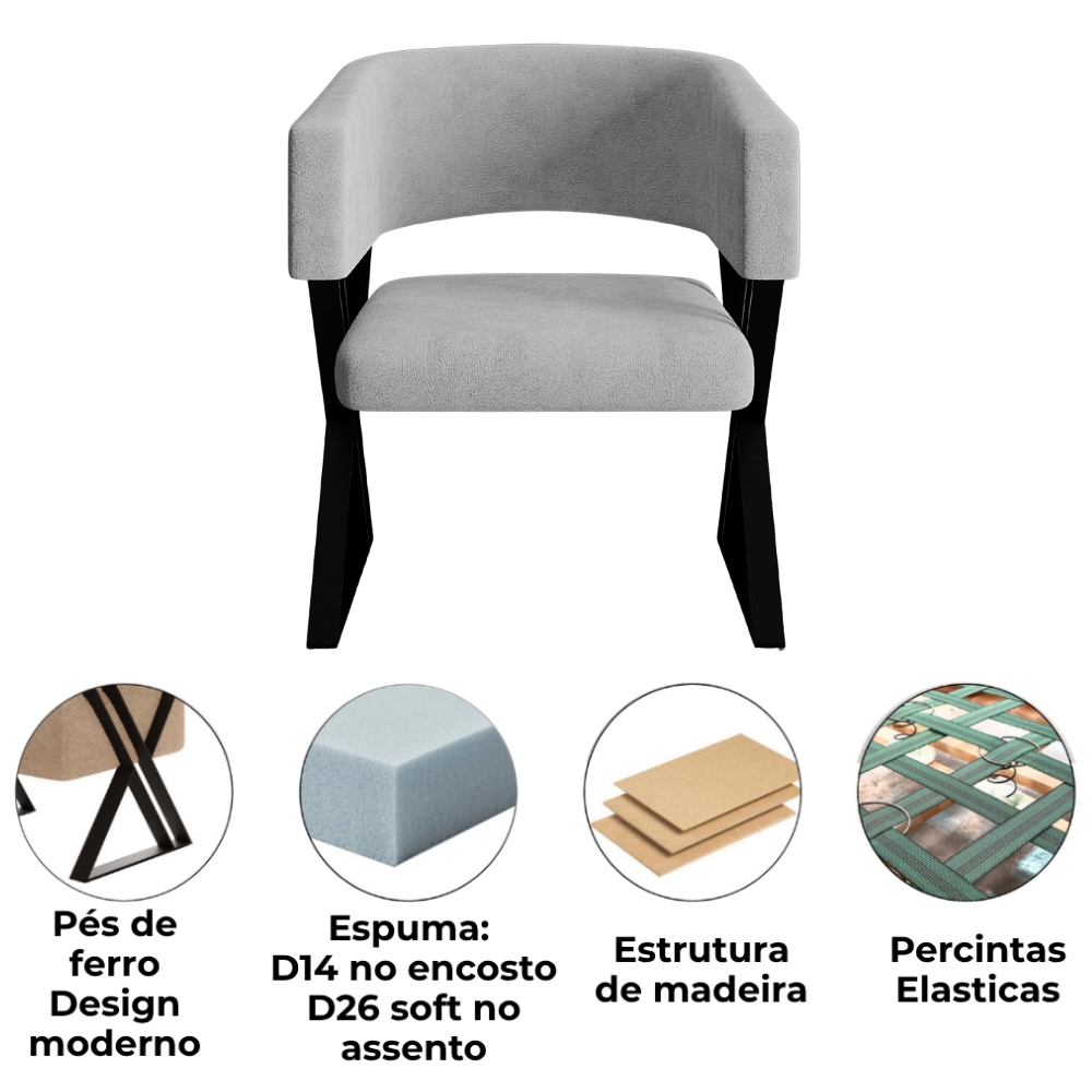 Kit 2 Poltronas Decorativas Mirela Pes Metal Linho Cinza VConcept