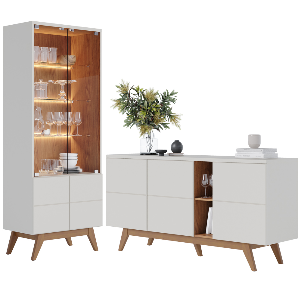 Kit Buffet E Cristaleira Para Sala Noronha Off White Matte Freijo CLB