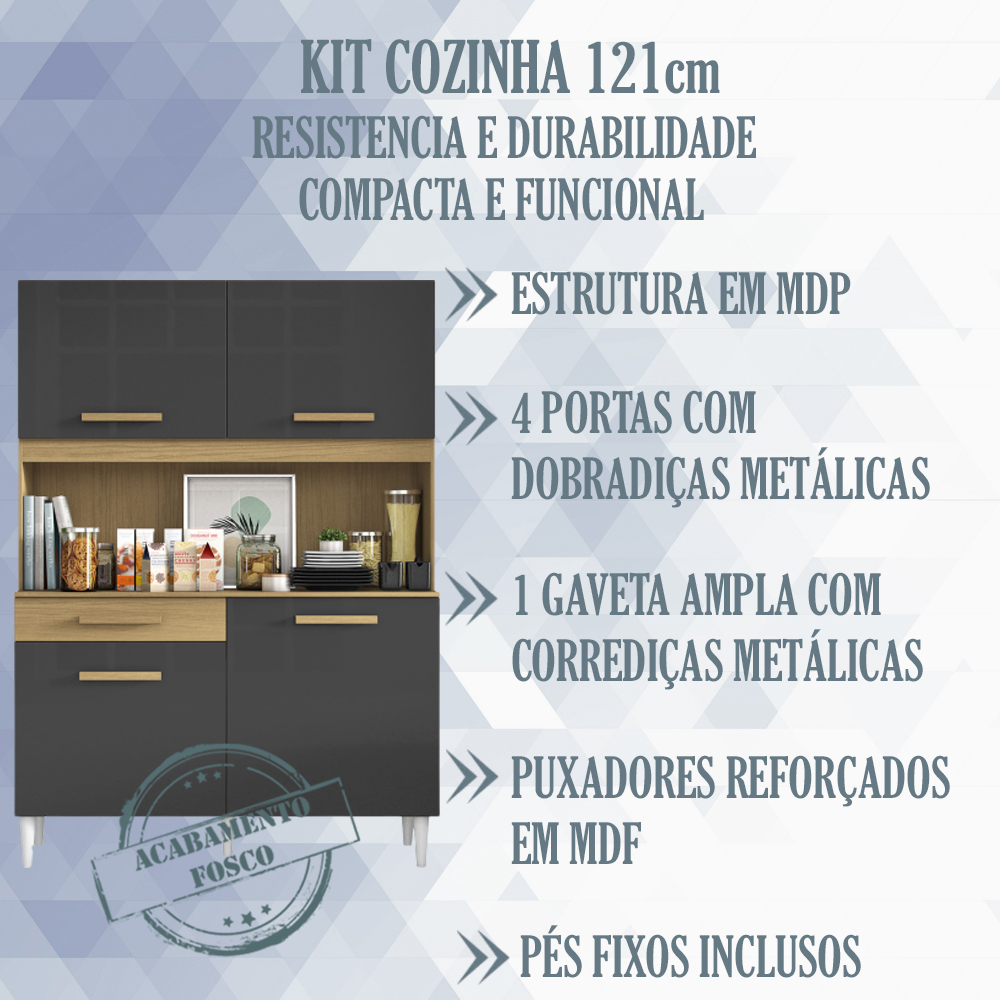 Kit Cozinha Compacta 4 Portas 2003308 121cm Atacama Grafite ARMoveis