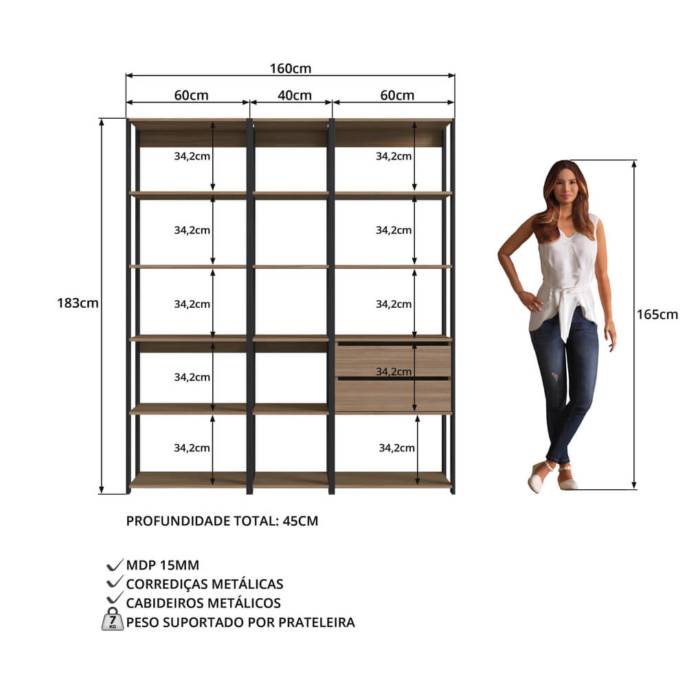 Kit Estante Livreiro 03 Pecas 183X160CM Preto Montana PRODDY