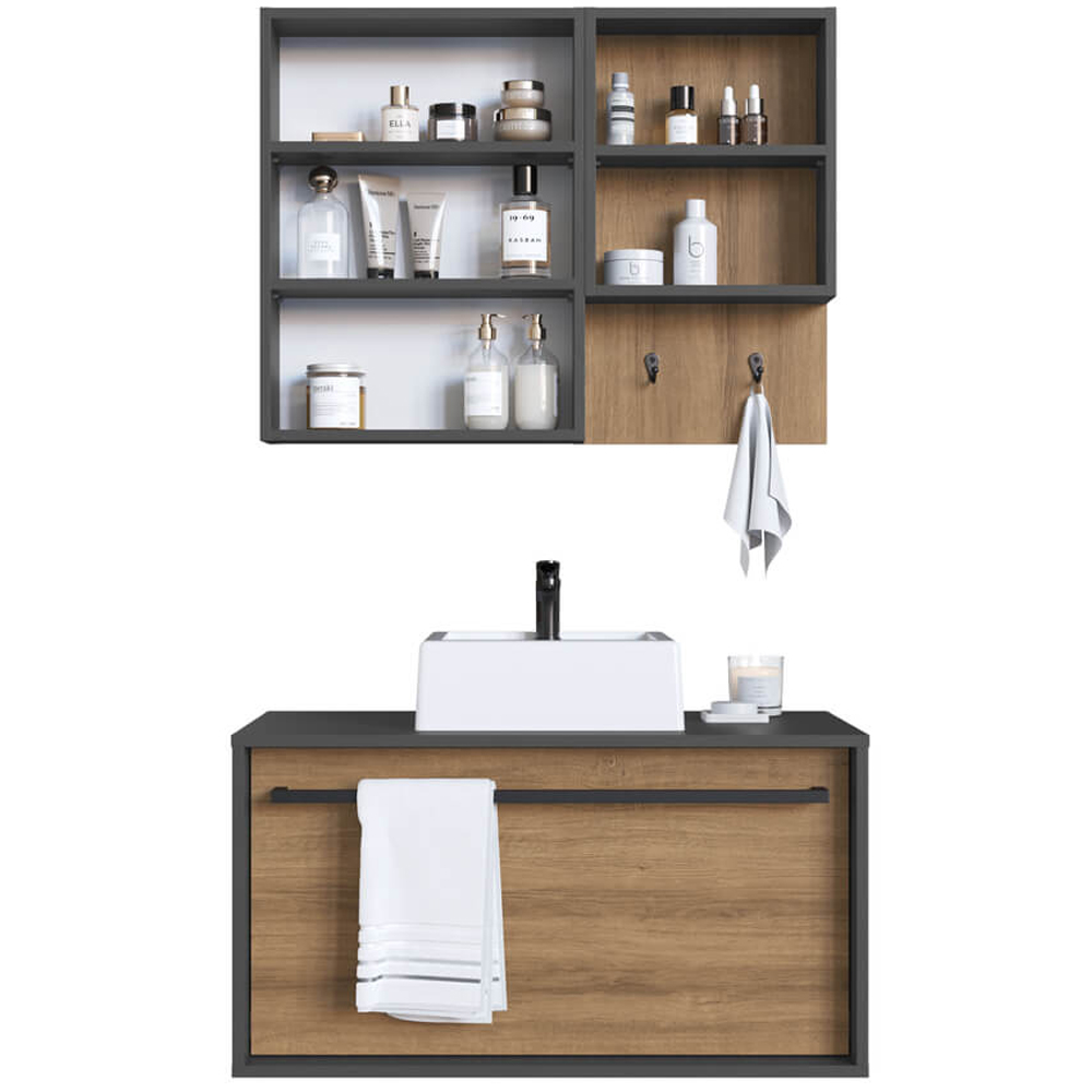 Kit Gabinete com Cuba e Espelheira 80cm Mel Grafite PRODDY