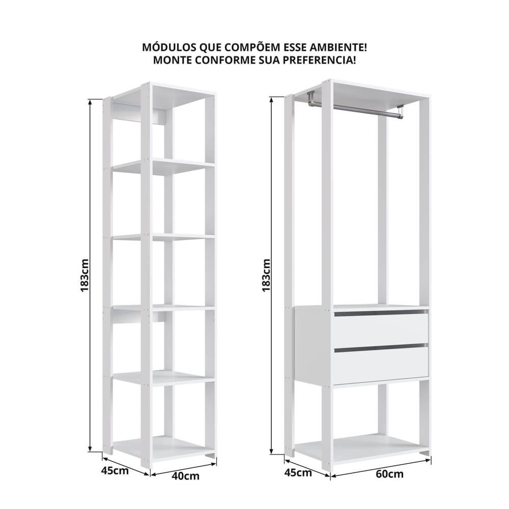 Kit Guarda Roupa Closet 02 Pecas 183X100cm Branco PRODDY