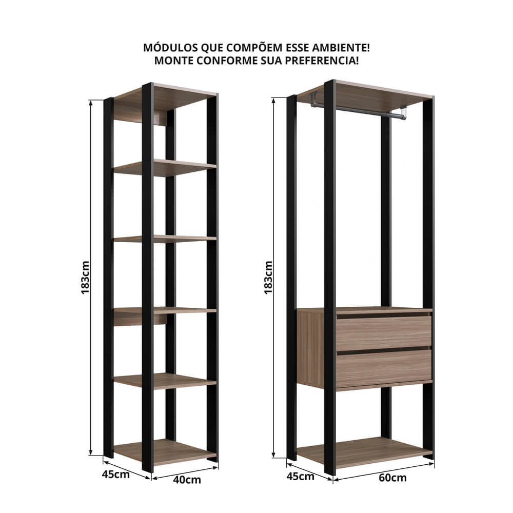 Kit Guarda Roupa Closet 02 Pecas 183X100cm Preto Montana PRODDY