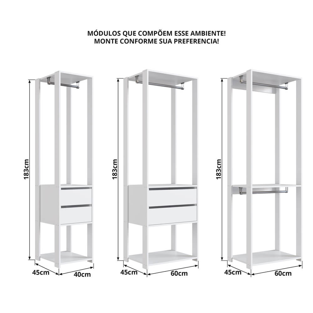 Kit Guarda Roupa Closet 03 Peças 183X160cm Branco PRODDY