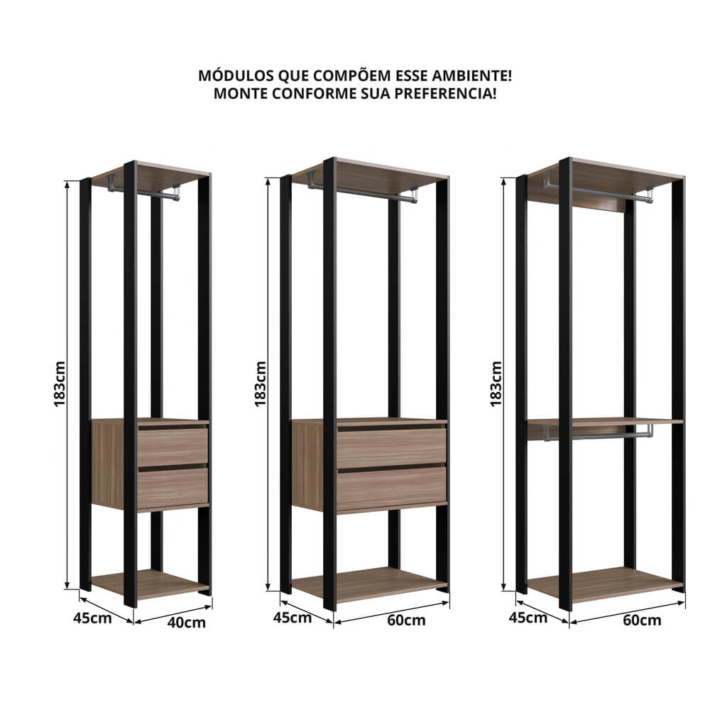 Kit Guarda Roupa Closet 03 Peças 183X160cm Preto Montana PRODDY
