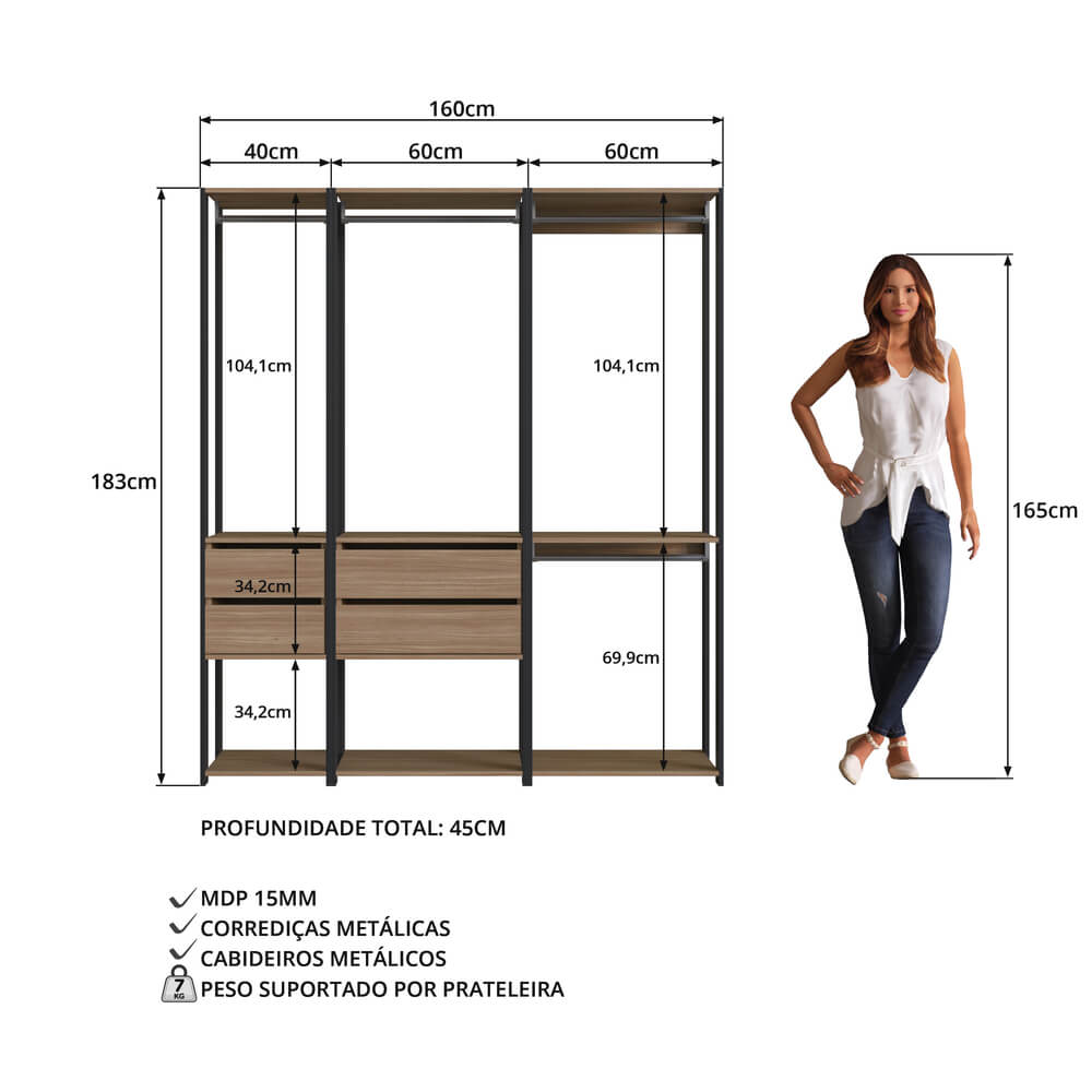 Kit Guarda Roupa Closet 03 Peças 183X160cm Preto Montana PRODDY