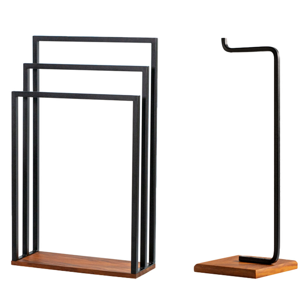 Kit Toalheiro De Piso E Papeleira Lovell Metal Peroba Preto Base Em Madeira DHom