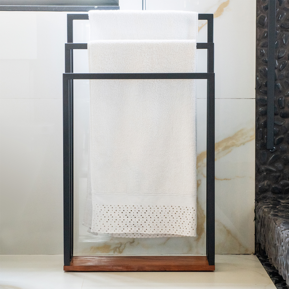 Kit Toalheiro E Porta Toalha Lovell Peroba Preto Base Madeira DHom