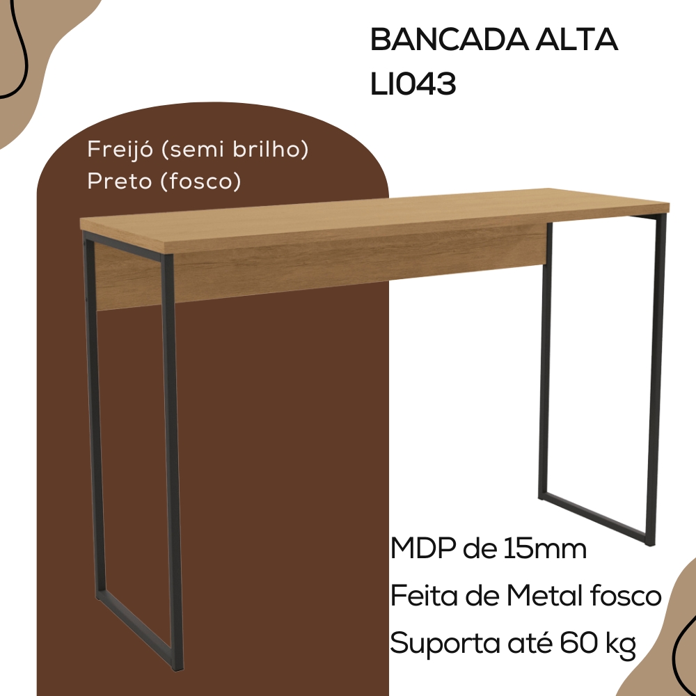 Mesa Bancada Alta Gourmet 136X91 LI043 Freijo Preto Fosco KPB