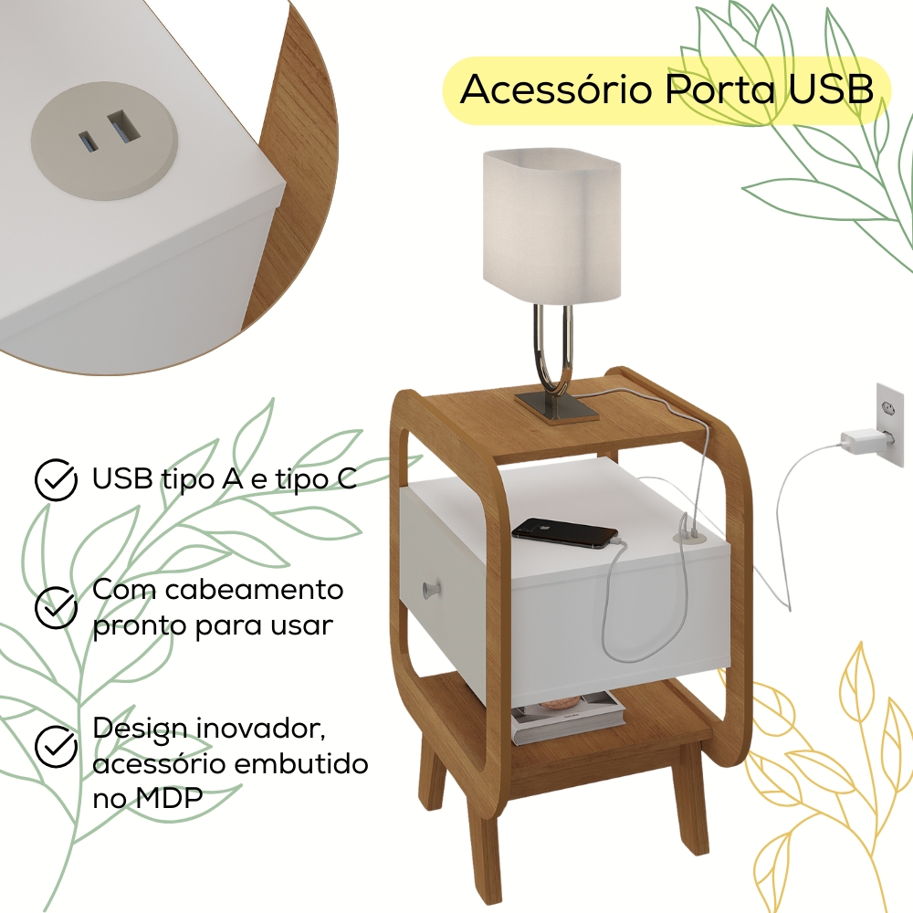 Mesa De Apoio 1 Gaveta 65 cm Porta USB Cinamomo Off White ARLY