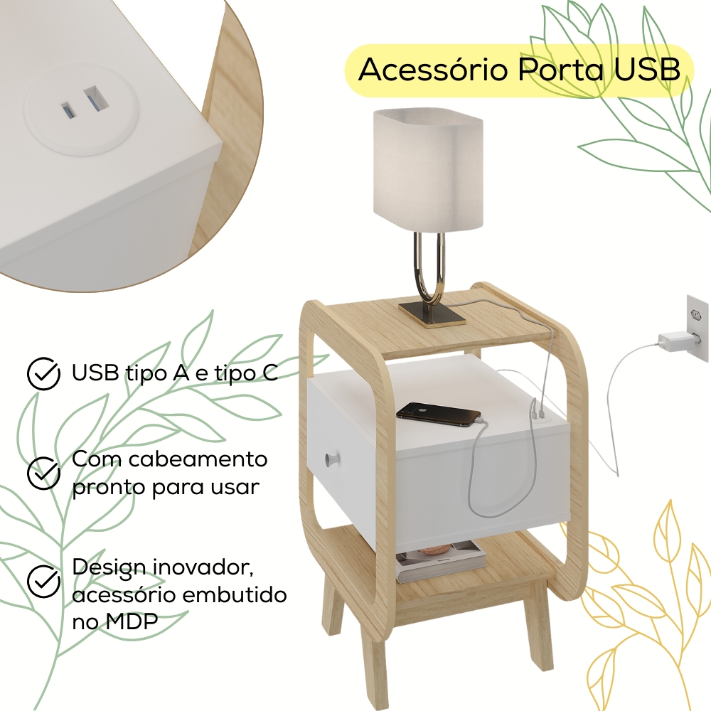 Mesa De Apoio 1 Gaveta 65 cm Porta USB Naturale Branco ARLY