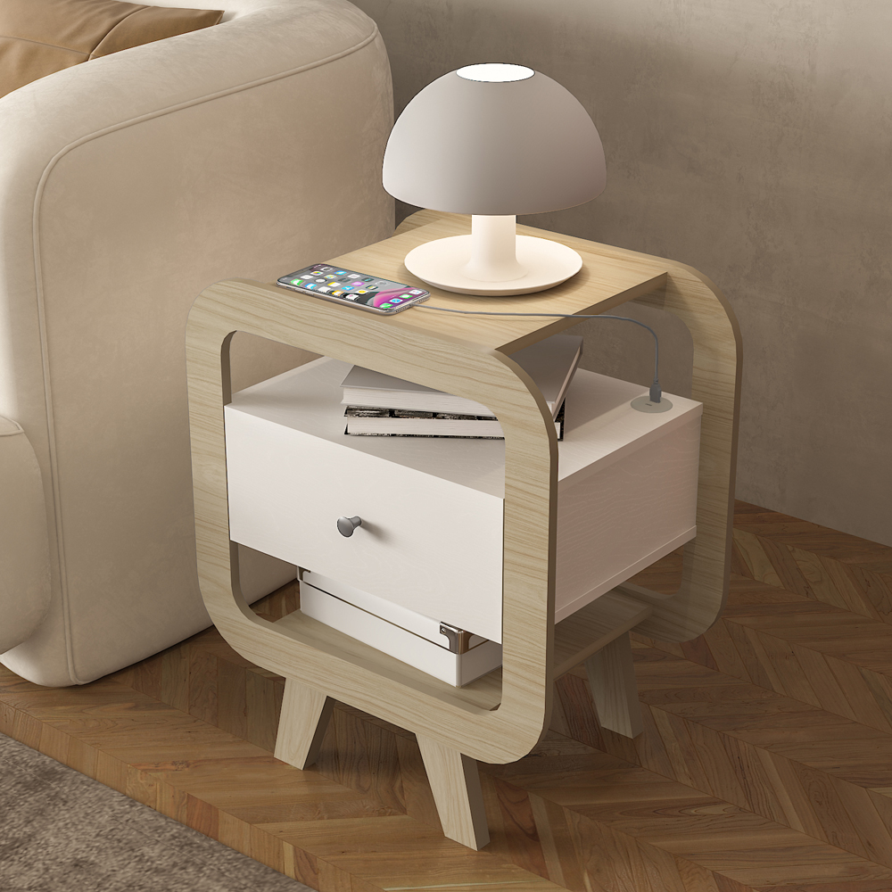 Mesa De Apoio 1 Gaveta 65 cm Porta USB Naturale Branco ARLY