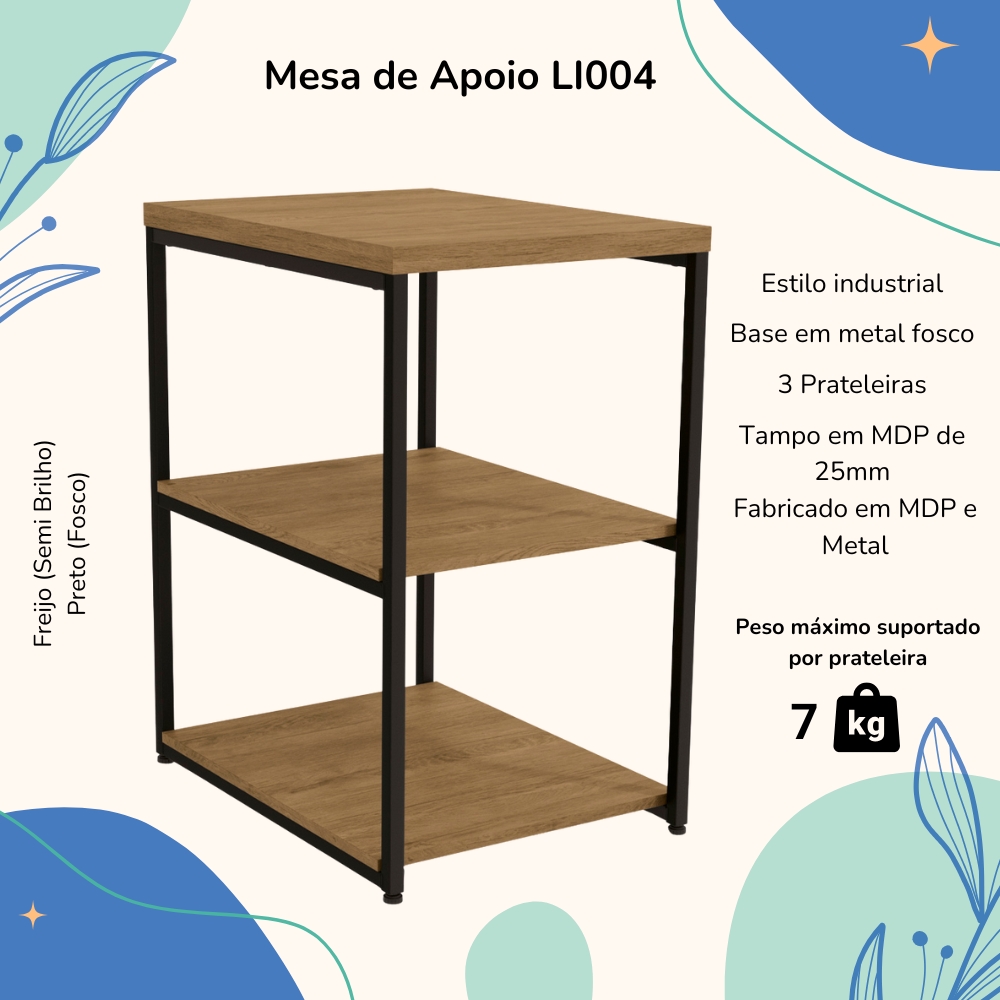 Mesa De Apoio Lateral 76 cm MDP LI004 Freijo Preto Fosco KPB