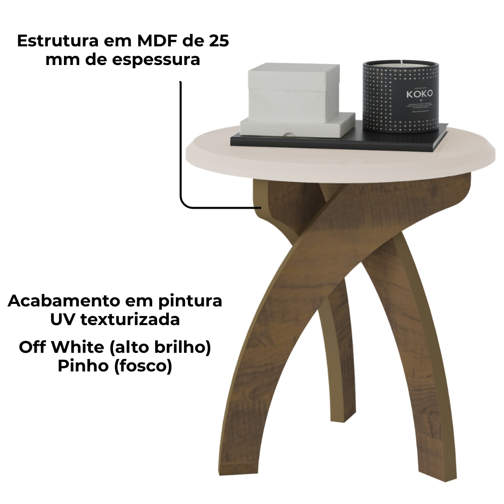 Mesa De Apoio Para Sala De Estar 51X50 cm Off White Pinho ARLY