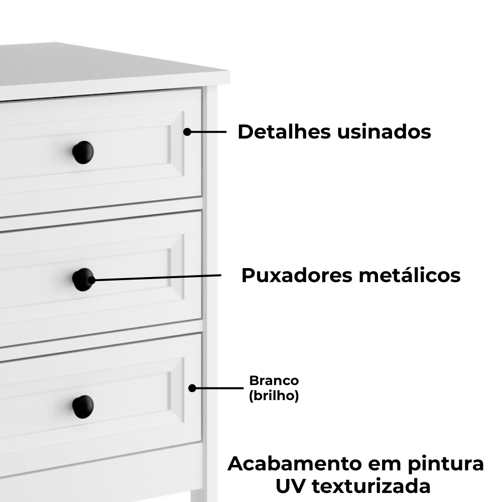 Mesa De Cabeceira 3 Gavetas 45 cm DM111 Branco Dtall