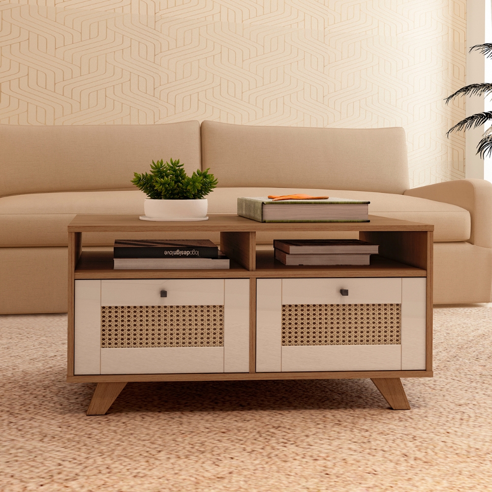 Mesa De Centro 2 Gavetas 91 cm MDF 4672 Cinamomo Off White ARLY