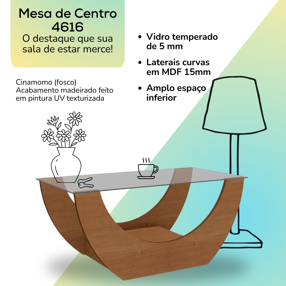 Mesa De Centro Curva Tampo Em Vidro 36 cm 4616 Cinamomo ARLY