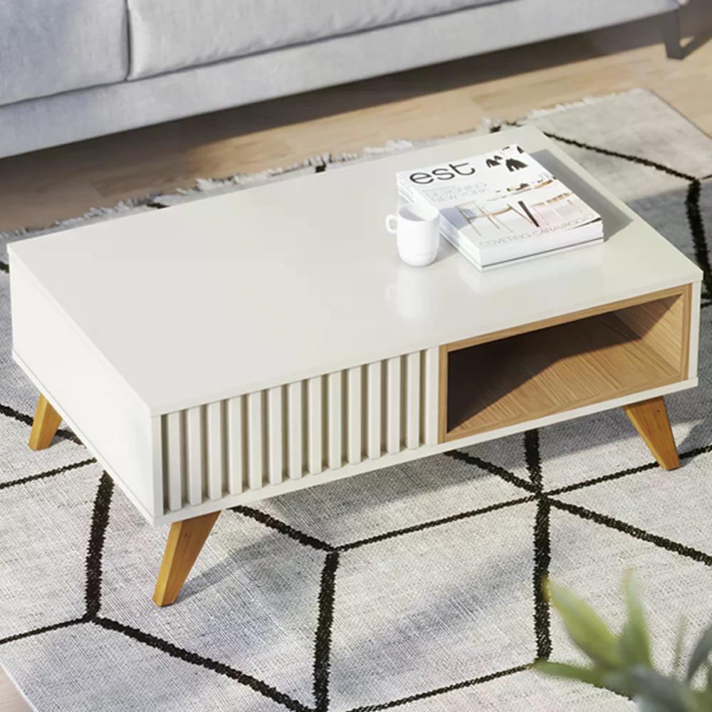 Mesa De Centro Jeri E Aparador Riveira Para Sala Off White Freijo CLB