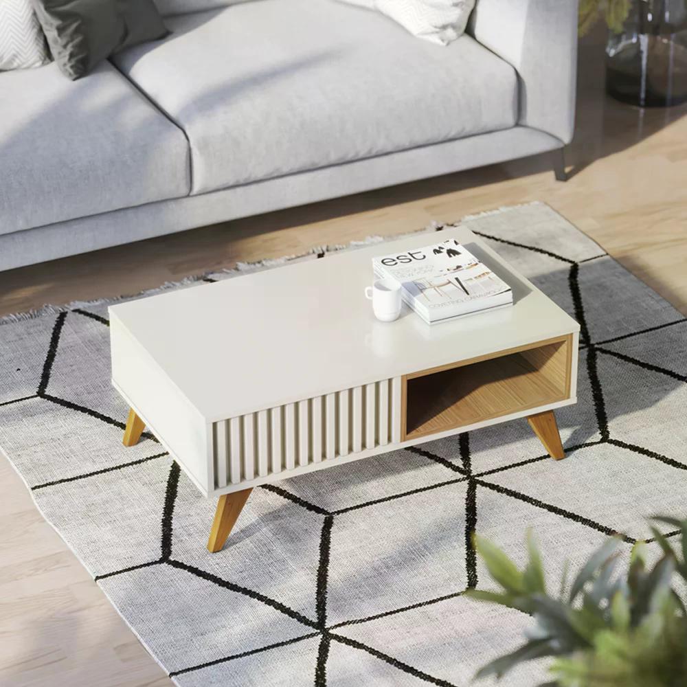 Mesa De Centro Jeri E Aparador Riveira Para Sala Off White Freijo CLB