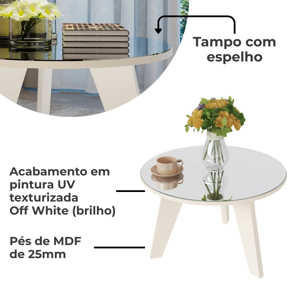 Mesa De Centro Redonda Com Espelho 59X38 cm Branco ARLY