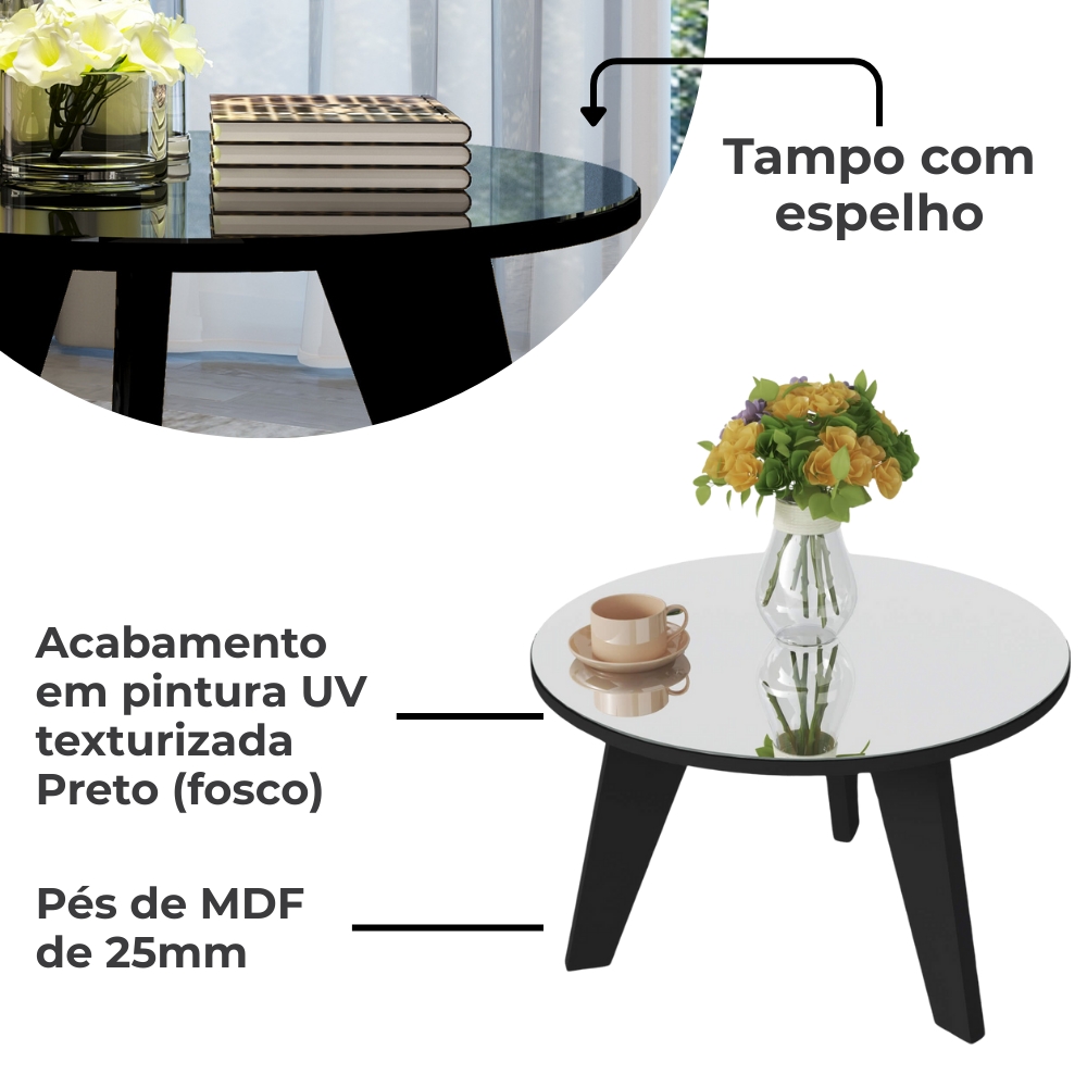 Mesa De Centro Redonda Com Espelho 59X38 cm Preto ARLY