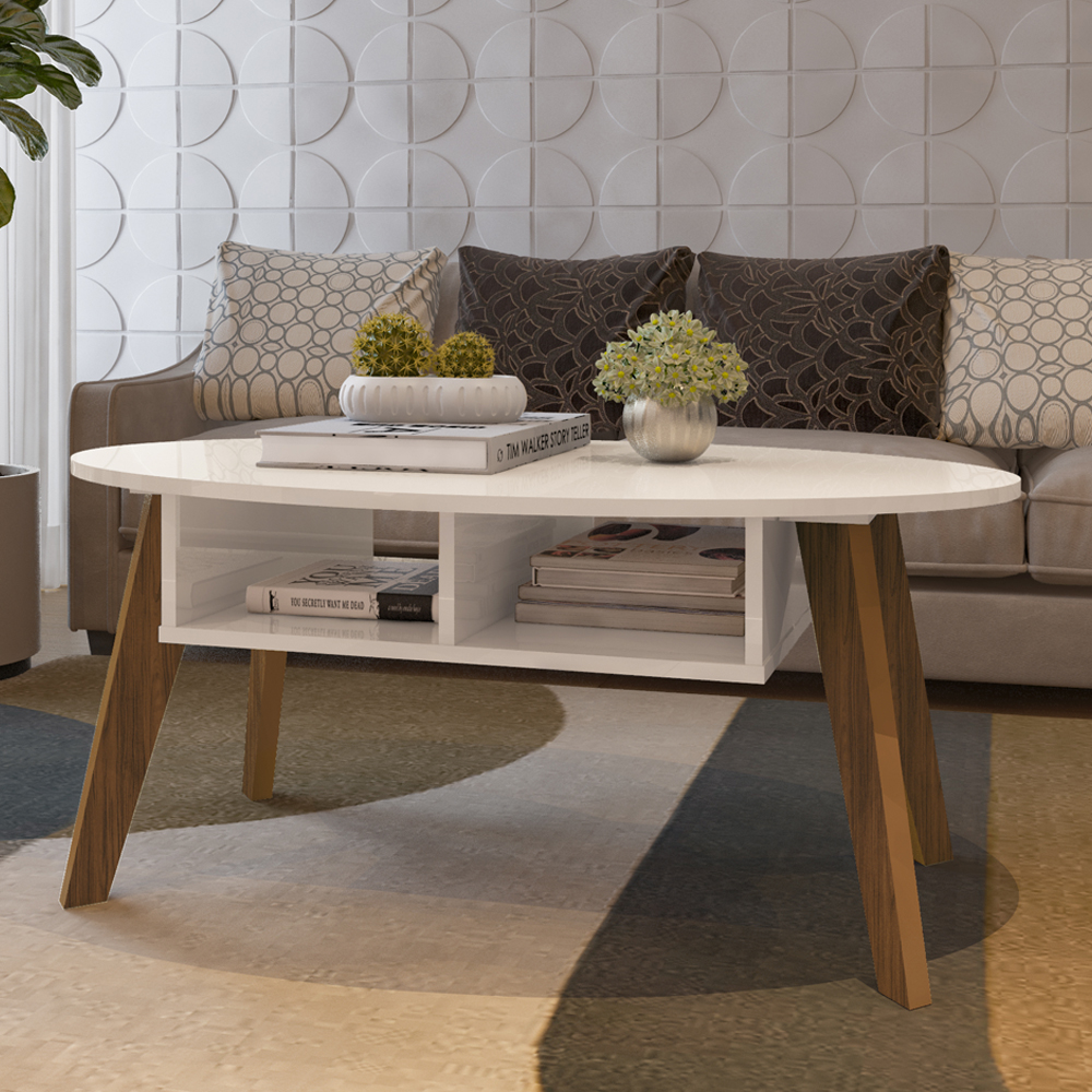 Mesa De Centro Tampo Oval 2 Nichos 100 cm Off White Cedro ARLY