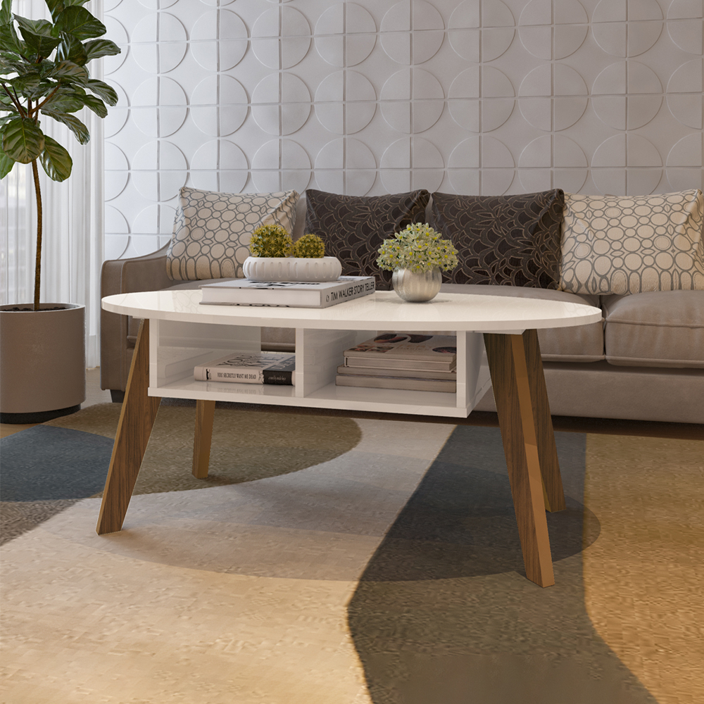 Mesa De Centro Tampo Oval 2 Nichos 100 cm Off White Cedro ARLY