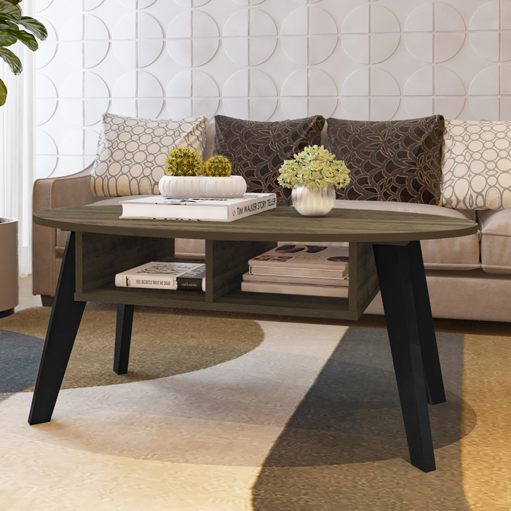Mesa De Centro Tampo Oval 2 Nichos 100 cm Pinho Preto ARLY