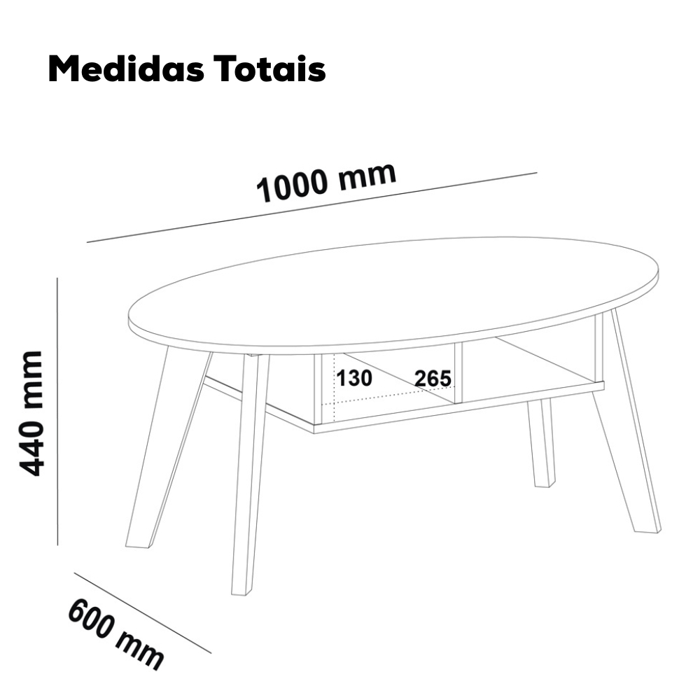 Mesa De Centro Tampo Oval 2 Nichos 100 cm Pinho Preto ARLY