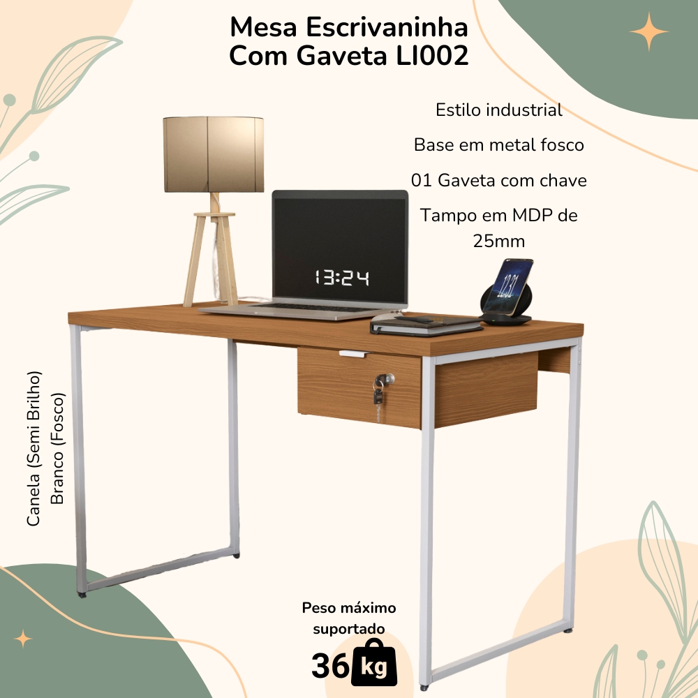 Mesa Escrivaninha 1 Gaveta 118 cm LI002X05 Canela Branco KPB