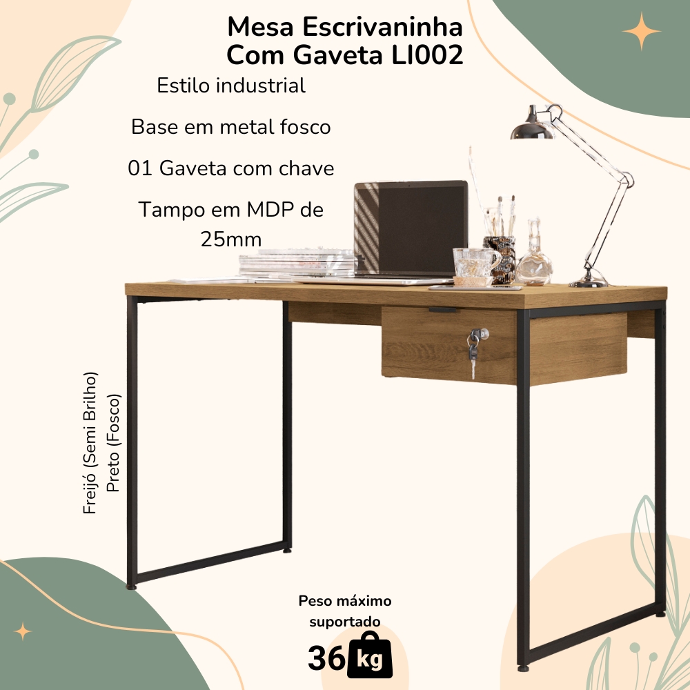 Mesa Escrivaninha 1 Gaveta 118 cm LI002X05 Freijo Preto Fosco KPB