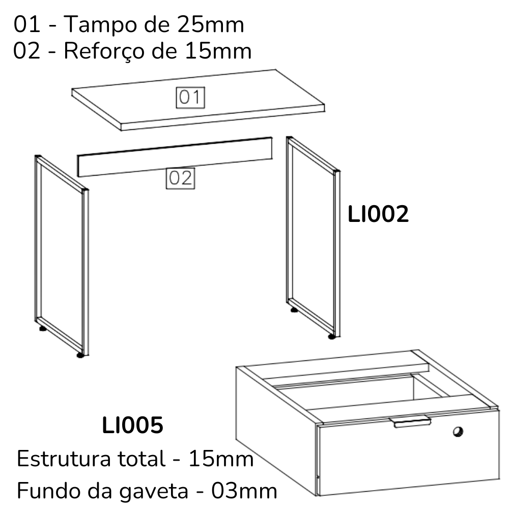 Mesa Escrivaninha 1 Gaveta 118 cm LI002X05 Freijo Preto Fosco KPB