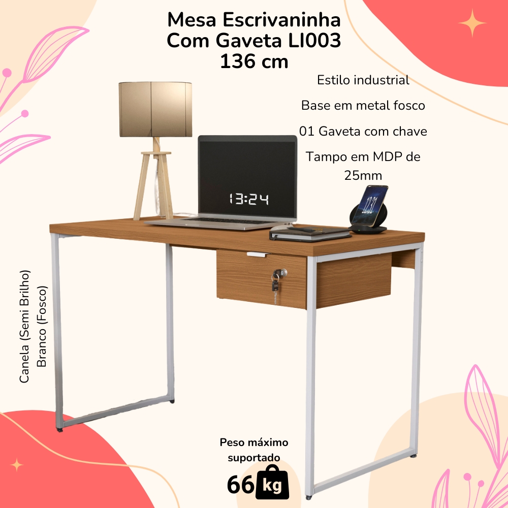 Mesa Escrivaninha 1 Gaveta 136 cm LI003X005 Canela Branco KPB