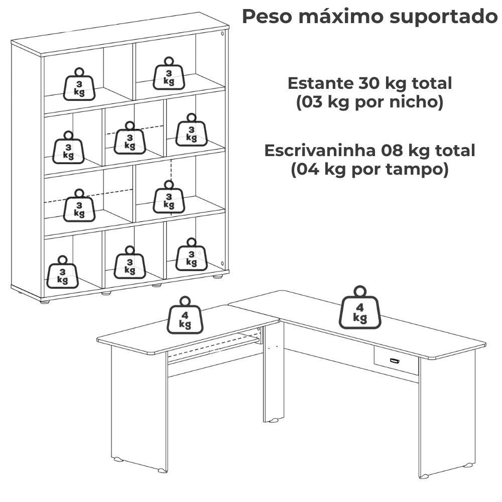 Mesa Escrivaninha 1 Gaveta E Estante 10 Nichos Branco ARLY