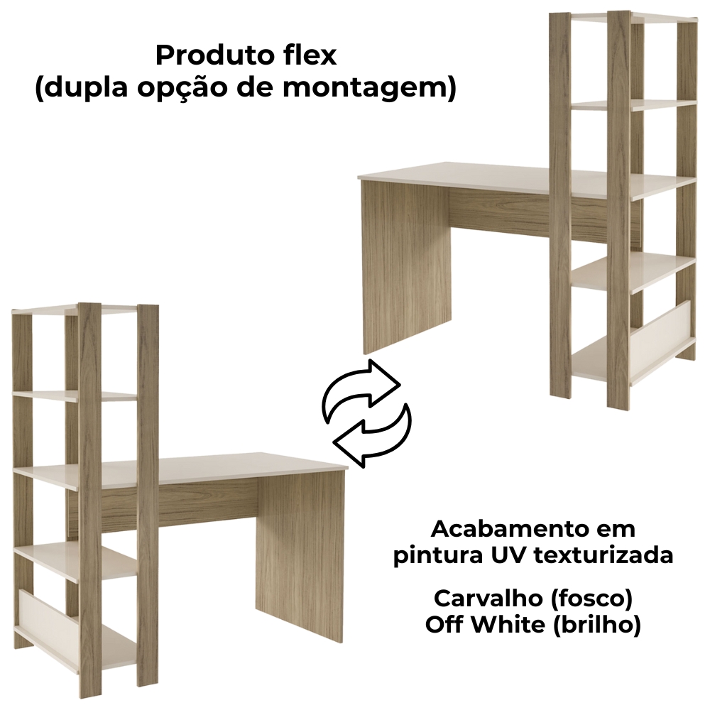 Mesa Escrivaninha 134X120 cm 3 Prateleiras Off White Carvalho ARLY