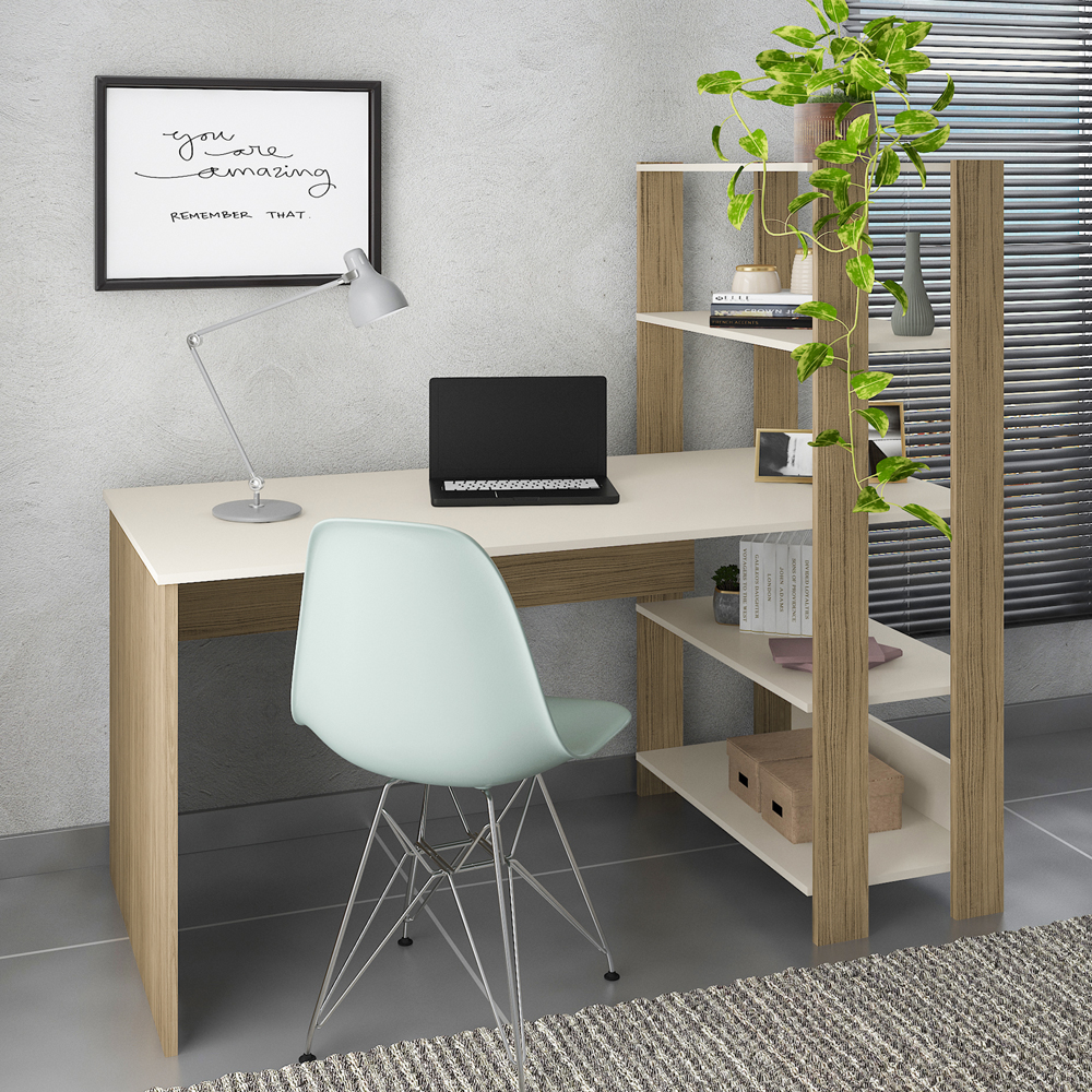 Mesa Escrivaninha 134X120 cm 3 Prateleiras Off White Carvalho ARLY