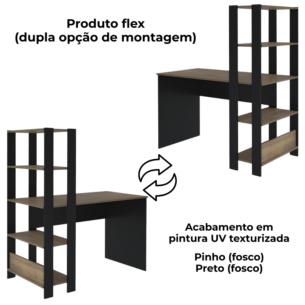 Mesa Escrivaninha 134X120 cm 3 Prateleiras Pinho Preto ARLY