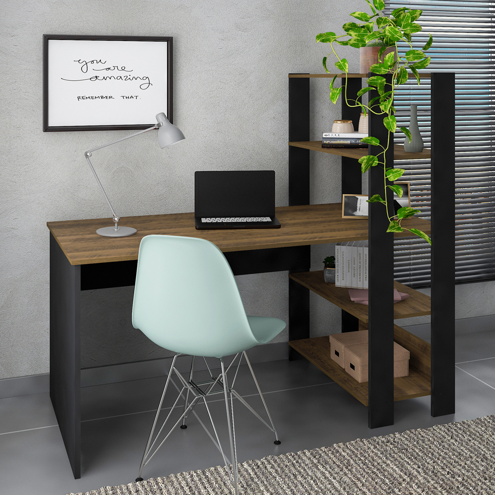 Mesa Escrivaninha 134X120 cm 3 Prateleiras Pinho Preto ARLY