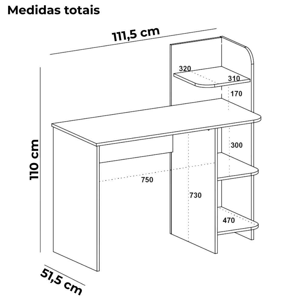 Mesa Escrivaninha 3 Prateleiras 111 cm Carvalho Branco ARLY