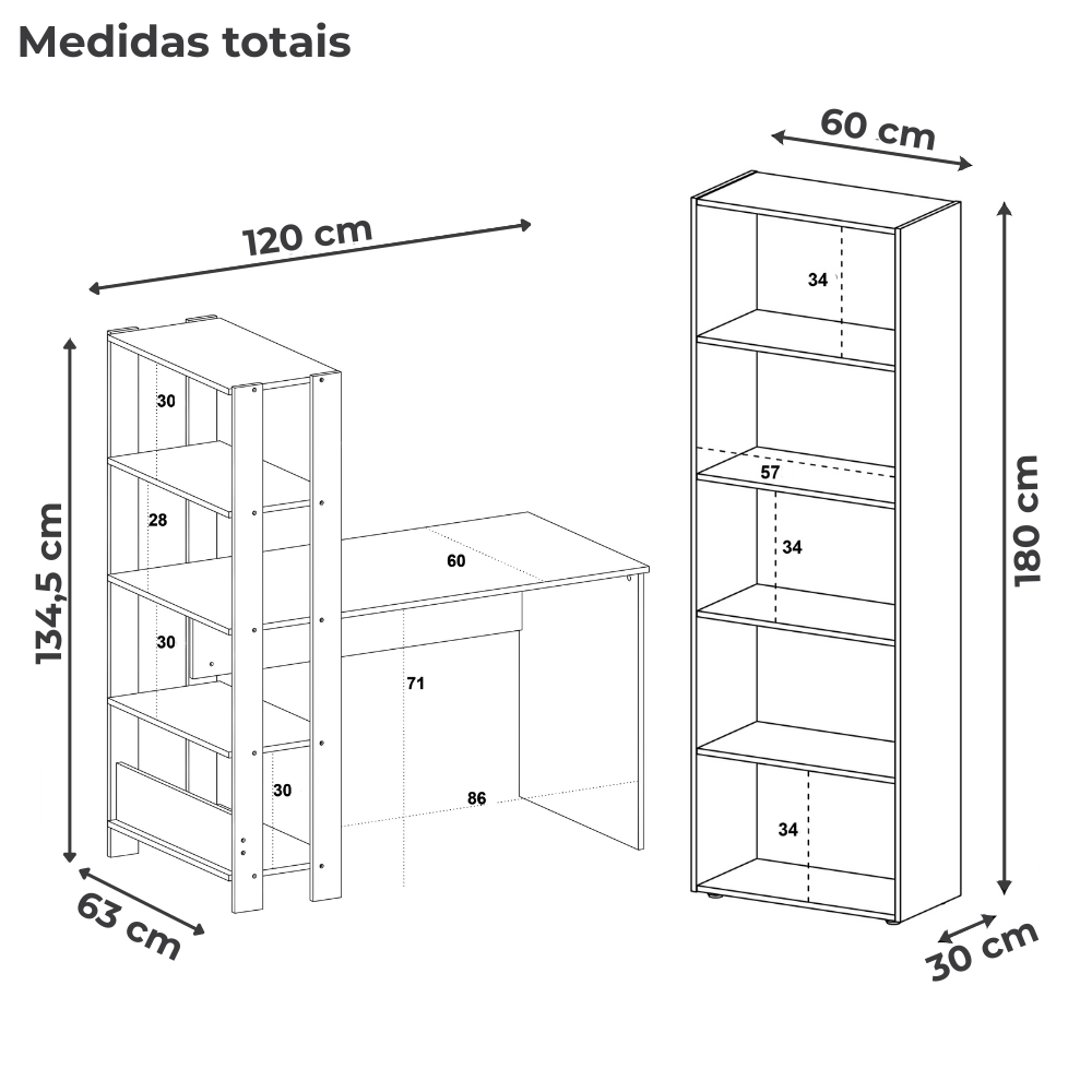 Mesa Escrivaninha E Estante 5 Prateleiras Pinho Preto ARLY