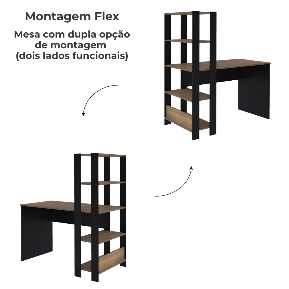 Mesa Escrivaninha E Estante 5 Prateleiras Pinho Preto ARLY