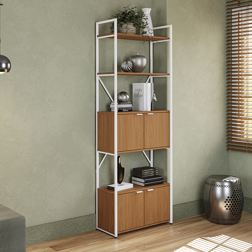 Mesa Escrivaninha E Estante Alta 4 Portas Canela Branco KPB