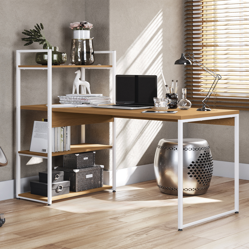 Mesa Escrivaninha E Estante Alta 4 Portas Canela Branco KPB