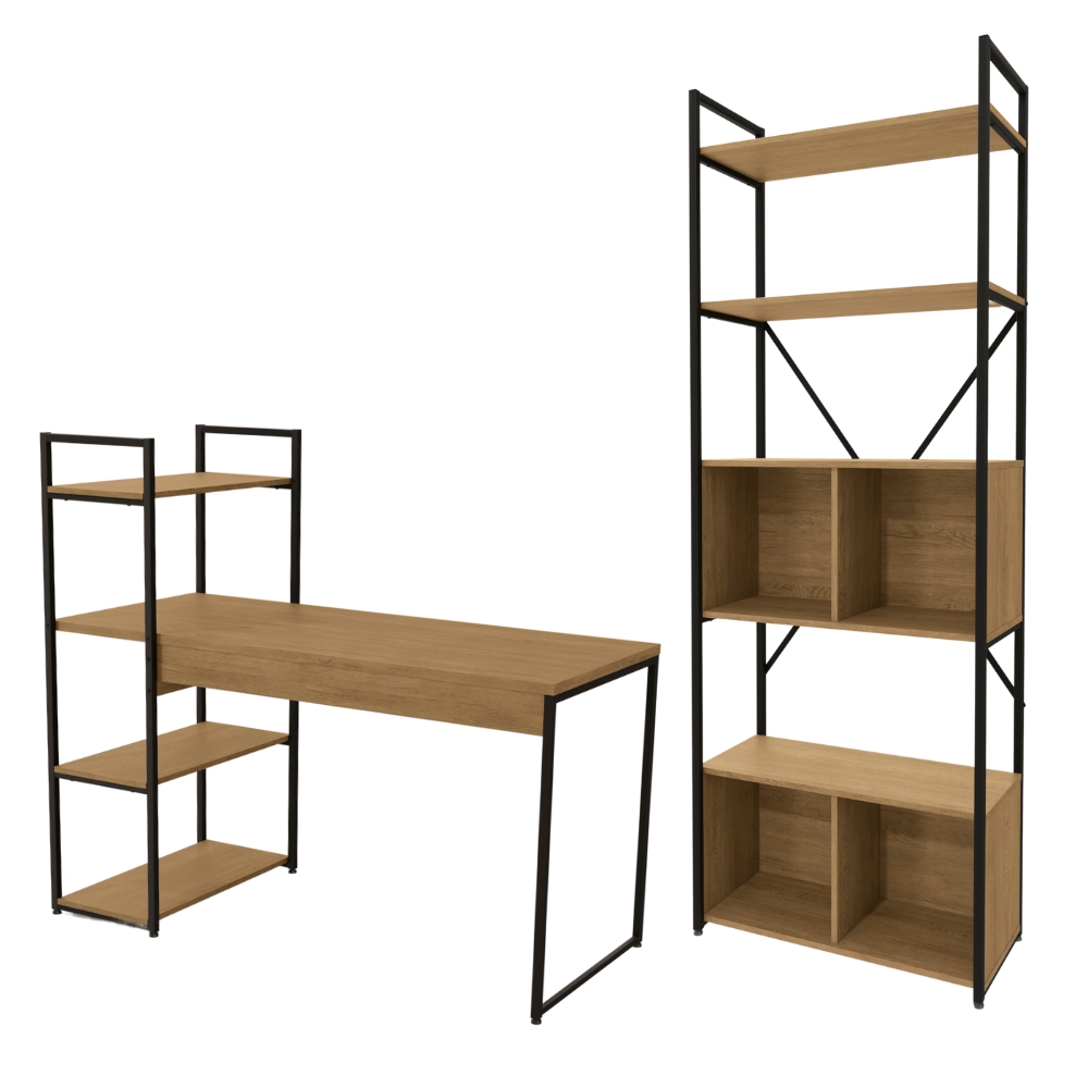 Mesa Escrivaninha E Estante Alta 4 Portas Freijo Preto Fosco KPB