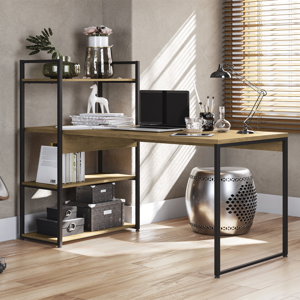 Mesa Escrivaninha E Estante Alta 4 Portas Freijo Preto Fosco KPB