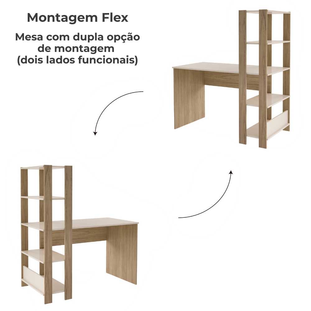 Mesa Escrivaninha E Estante Livreiro 1P Carvalho Off White ARLY
