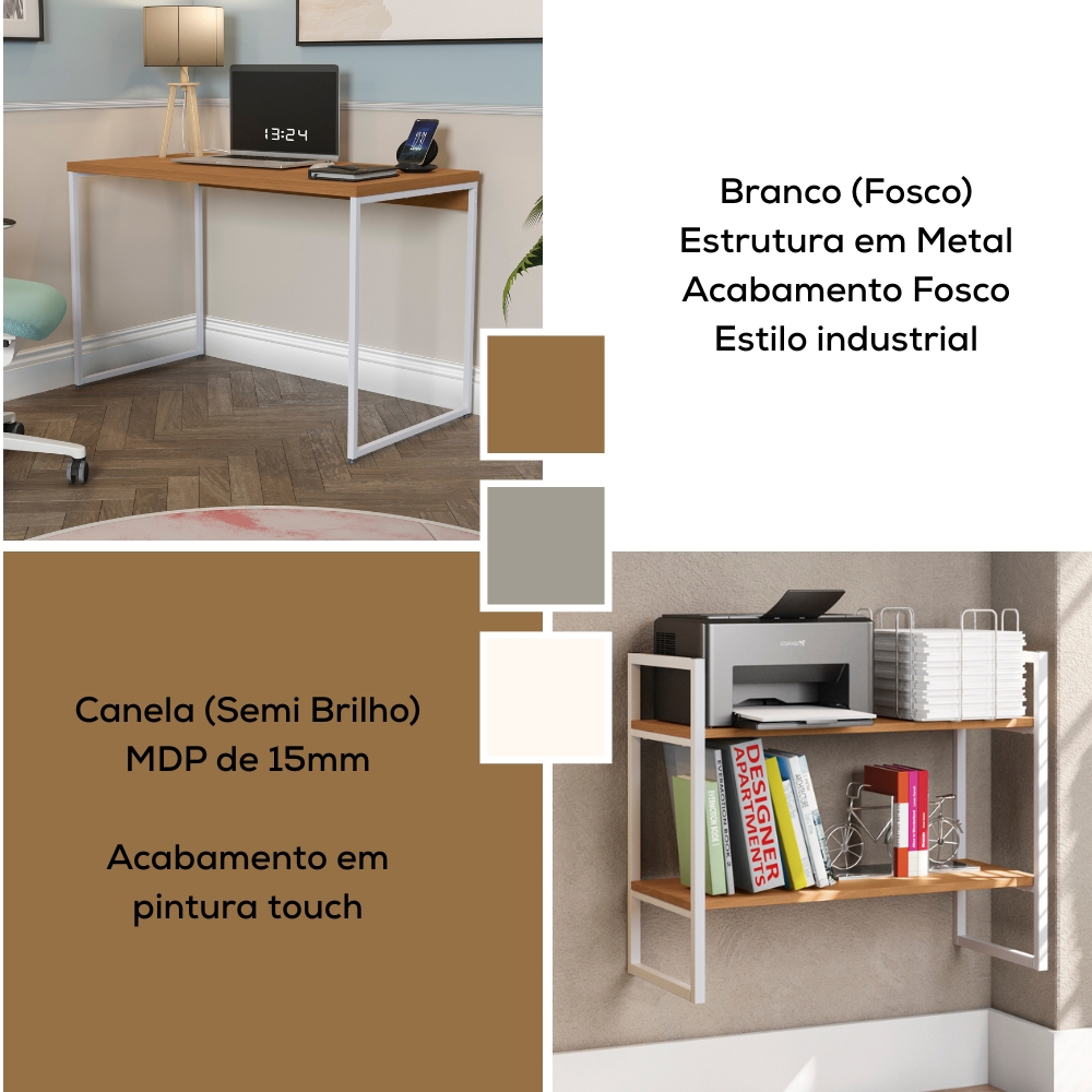 Mesa Escrivaninha E Nicho 2 Prateleiras Canela Branco KPB