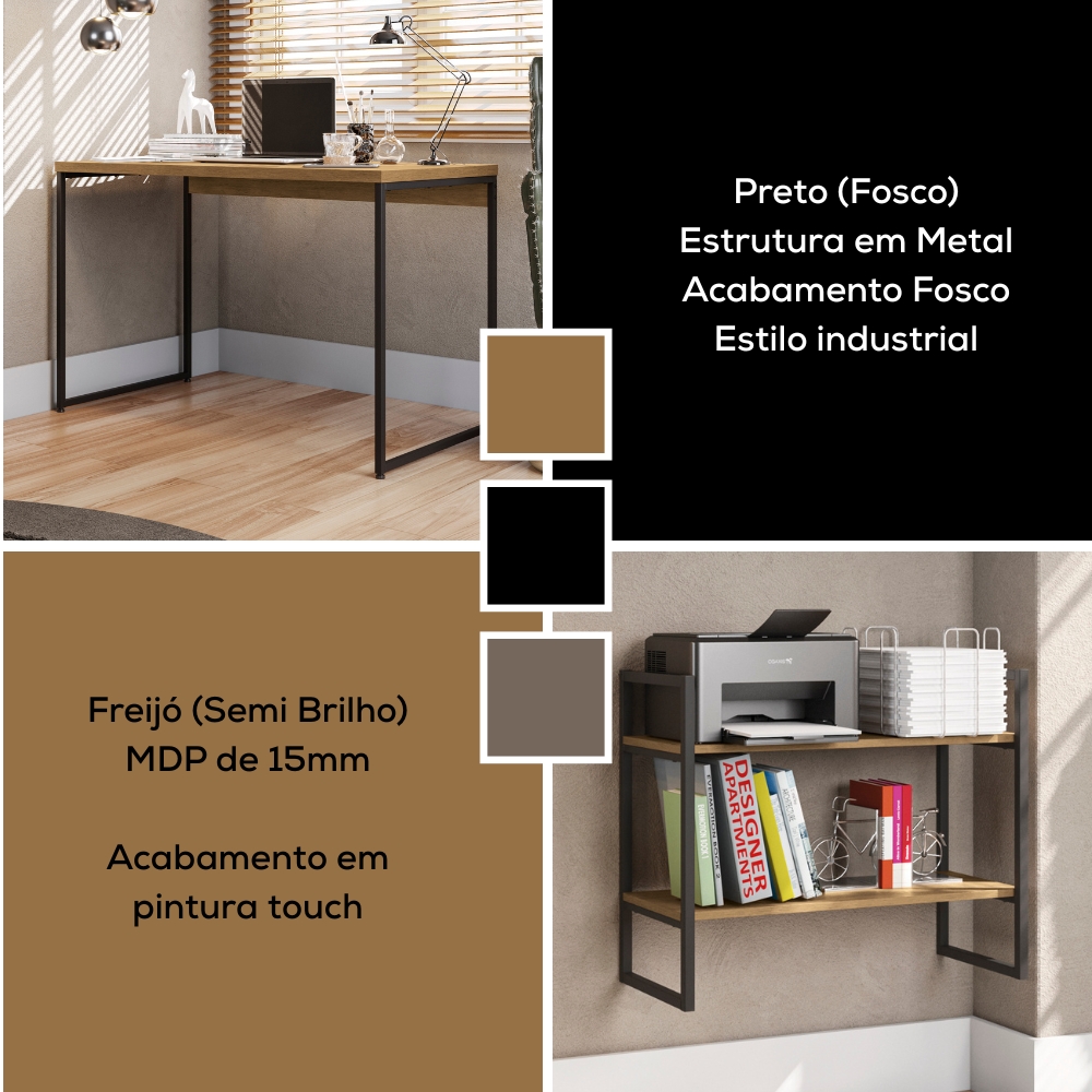 Mesa Escrivaninha E Nicho 2 Prateleiras Freijo Preto Fosco KPB